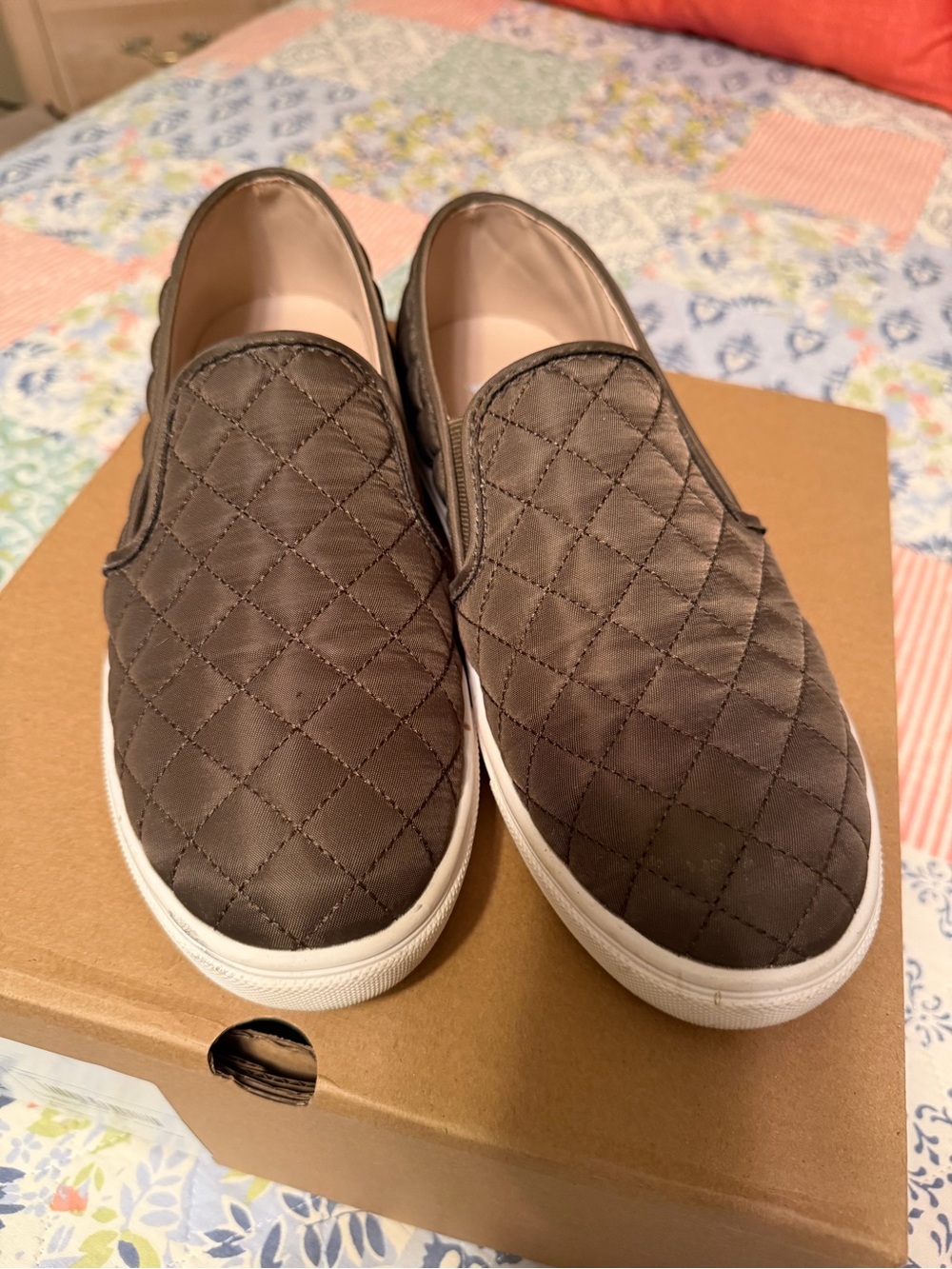 Steve Madden Quilted Slip-On Flats in Dark Brown with White Sole